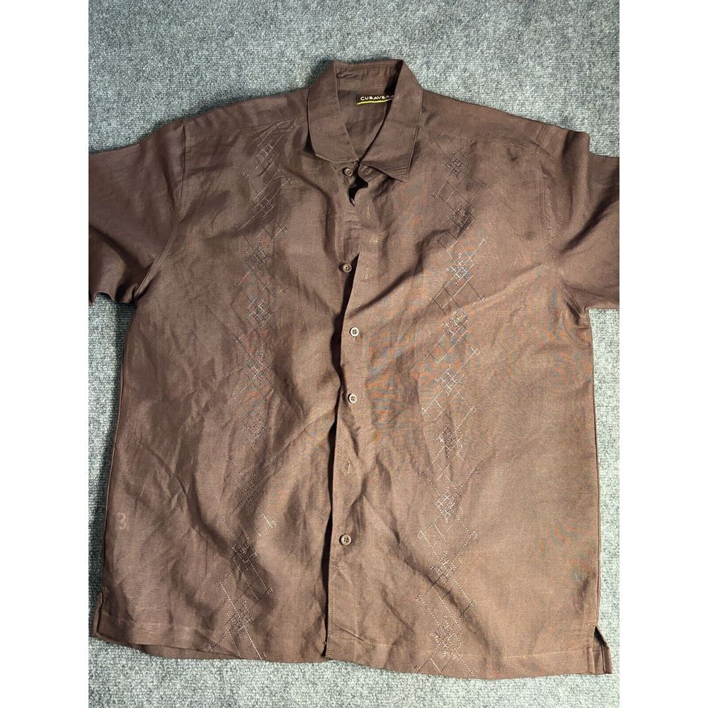 Cubavera Shirt Mens XL Brown Short Sleeve Relaxed Fit Slit Collared Button Down